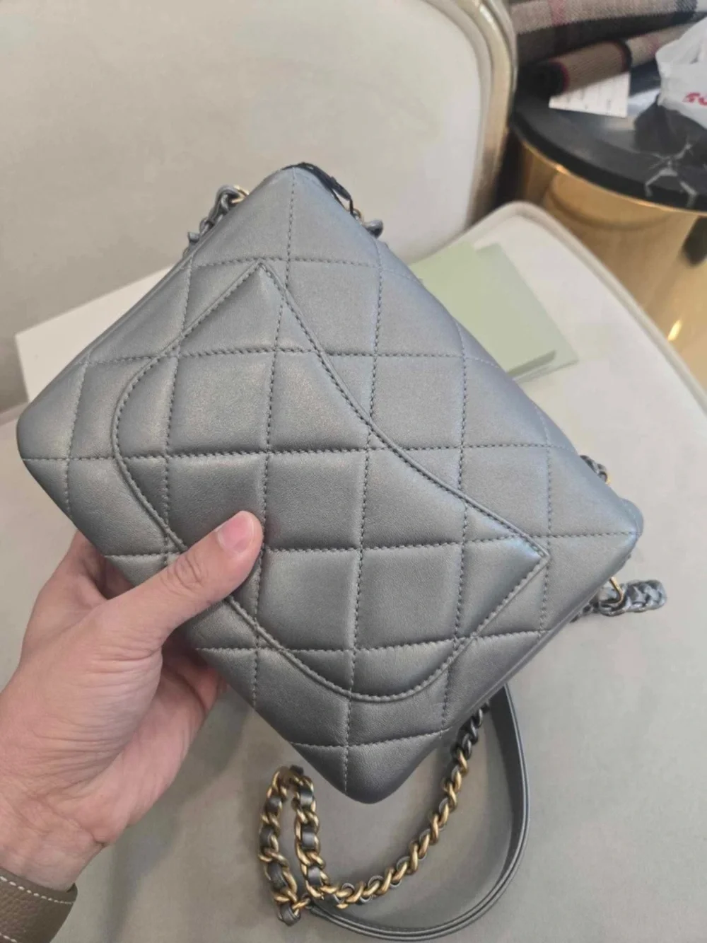 50% Off Retail CHANEL Mini Side Note Flap  W/ Handle Gray Chip 21B (ks2290as)
